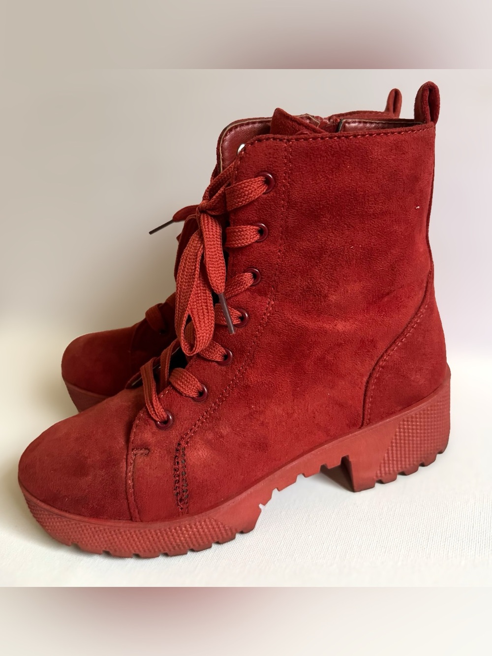 Unilady Brick Red Rust Suede Ankle Combat Boots Lug Sole 6.5 Grunge Utility